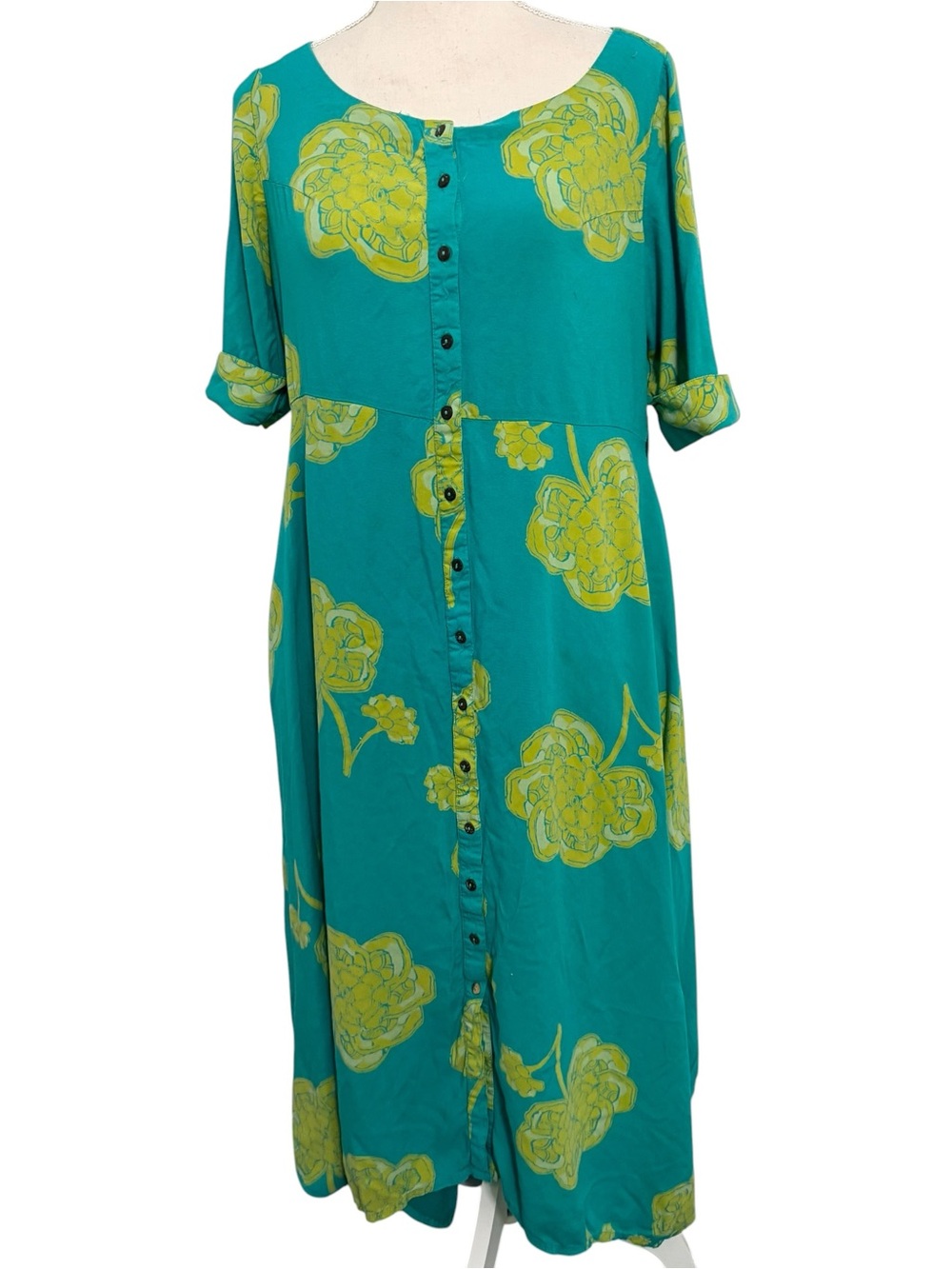 Bombay Paisley Tealโ Lime Green Floral Button Front Viscose Midi Dress Pockets M